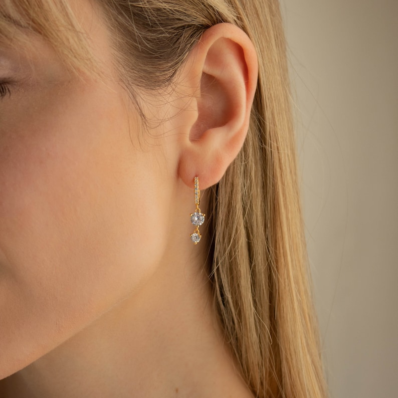Diamond Stone Huggie Earrings by Caitlyn Minimalist Pave Dangle Earrings Crystal Jewelry Bridal Earrings Anniversary Gift ER189 image 9