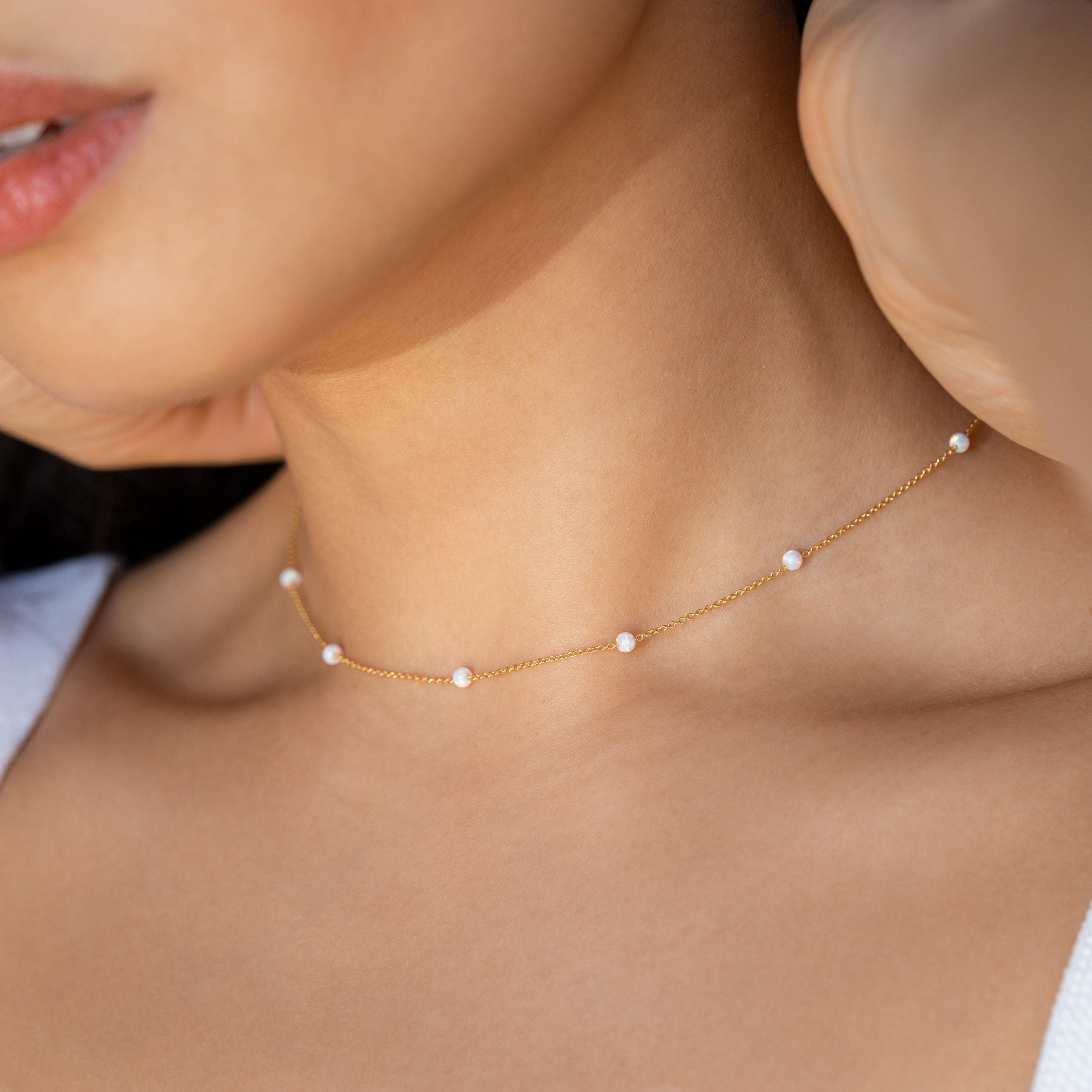 Opal Station Necklace by Caitlyn Minimalist • Dainty Gemstone Choker Necklace • Bridal, Wedding Jewelry • Perfect Gift for Her • NR105