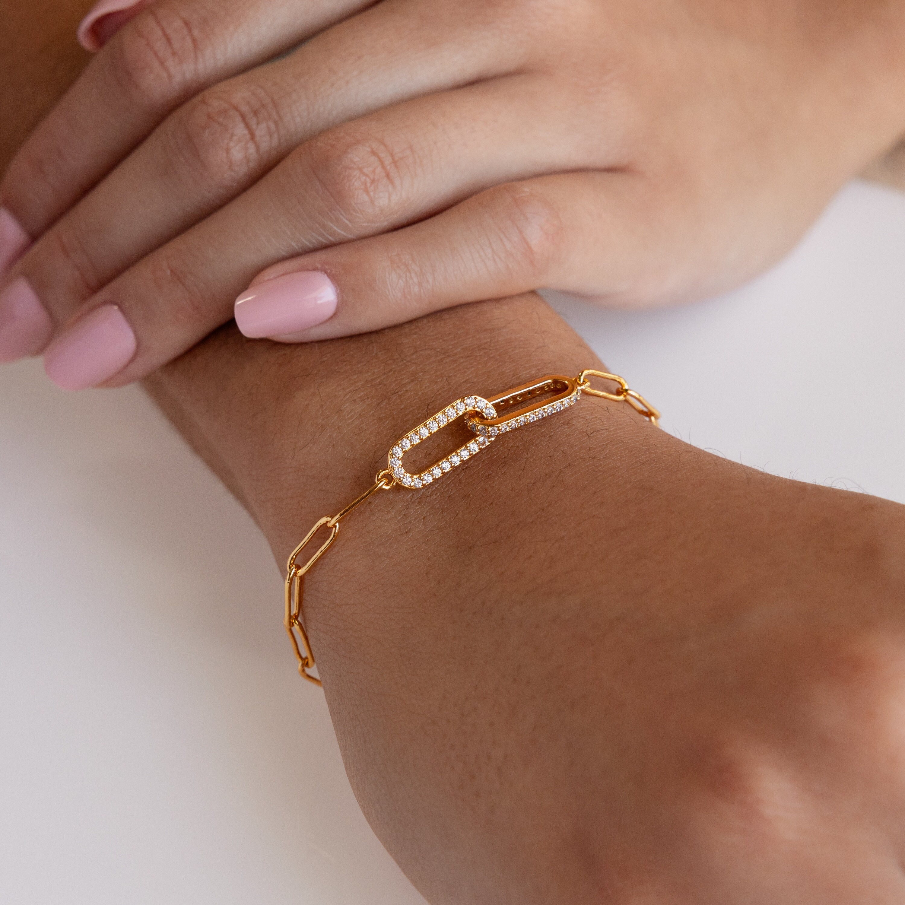Pave Diamond Linked Bracelet by Caitlyn Minimalist • Dainty Paperclip Chain Bracelet • Minimalist Jewelry • Anniversary Gifts • BR044