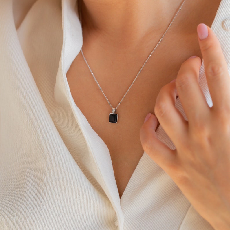 Black Pendant Necklace by Caitlyn Minimalist Statement Black Enamel Square Charm with Satellite Chain Gift for Her NR106 STERLING SILVER