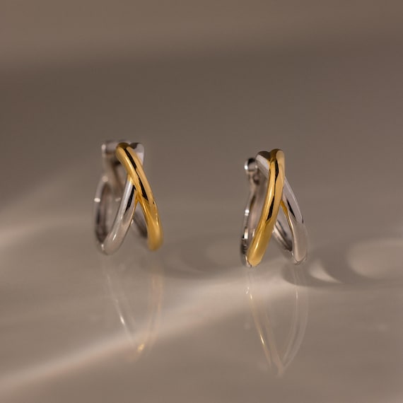 Criss Cross Huggie Earrings by Caitlyn Minimalist • Duo Front Hoop Earrings • Bold Mixed Metal Earrings • Boho Jewelry • Sister Gift • ER786