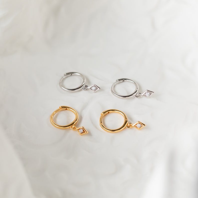 Dangling Hoop Earrings by Caitlyn Minimalist Dainty Diamond Charm Earrings Minimalist Huggie Hoops Gifts for Mom ER313 image 4