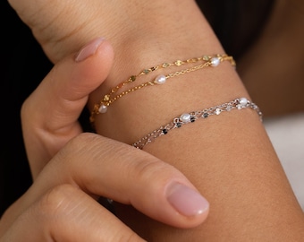 Beaded Pearl Wrap Bracelet in Gold & Silver by Caitlyn Minimalist • Dainty Pearl Charm Duo Beaded Bracelet • Perfect Gift for Mom • BR029