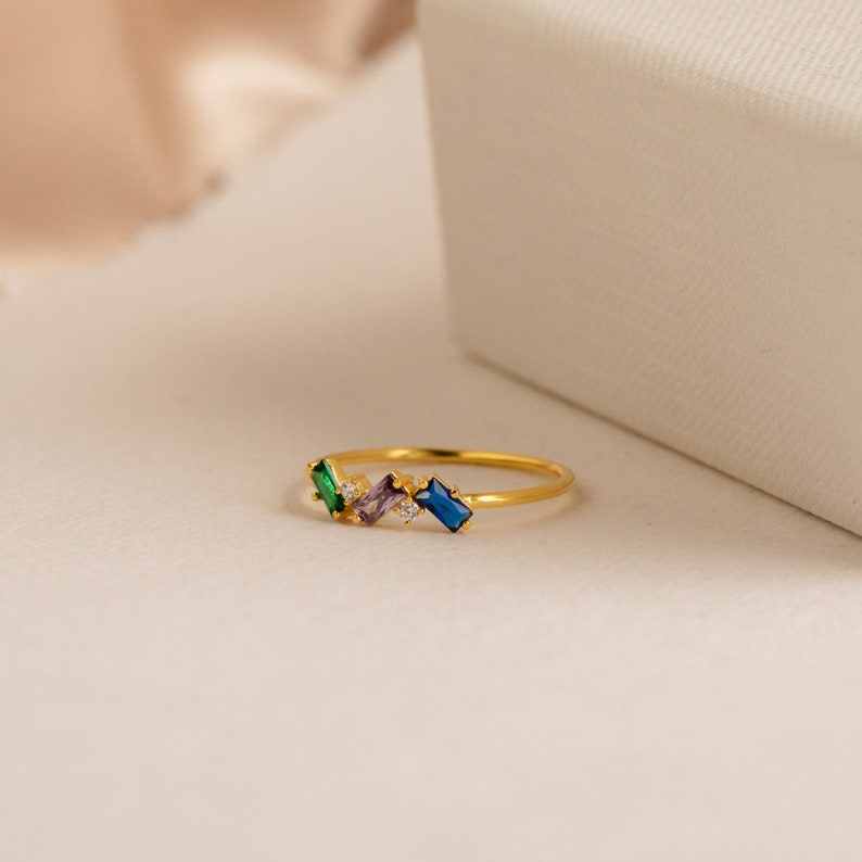 Custom Baguette Gemstone Ring by Caitlyn Minimalist Personalized Statement Ring Mothers Ring with Birthstones Baby Shower Gift RM106 image 5