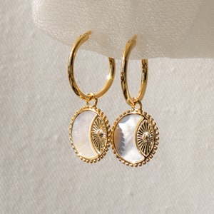 Hoop Earrings with Pearl Circle Charm by Caitlyn Minimalist Sun Charm Dangle Earrings Celestial Jewelry Graduation Gift ER162 image 7