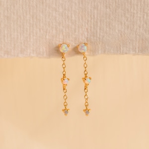 Opal Chain Drop Earrings by Caitlyn Minimalist Dangling Opal Stud Earrings Dainty Opal Jewelry in Gold Perfect Bridesmaid Gift ER414 image 2