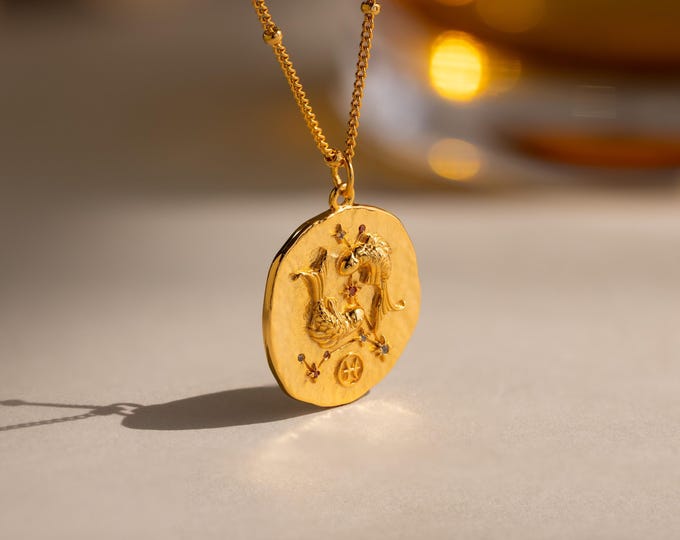 Zodiac Coin Necklace by Caitlyn Minimalist • Celestial Gemstone Pendant Necklace • Hammered Constellation Necklace • Graduation Gift • NR275