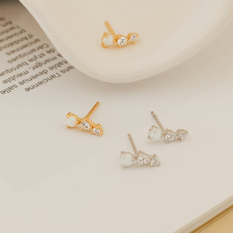 Opal Stud Earrings by Caitlyn Minimalist Diamond Ear Climber Earrings for Second Hole Piercing Best Friend Birthday Gift ER198 STERLING SILVER