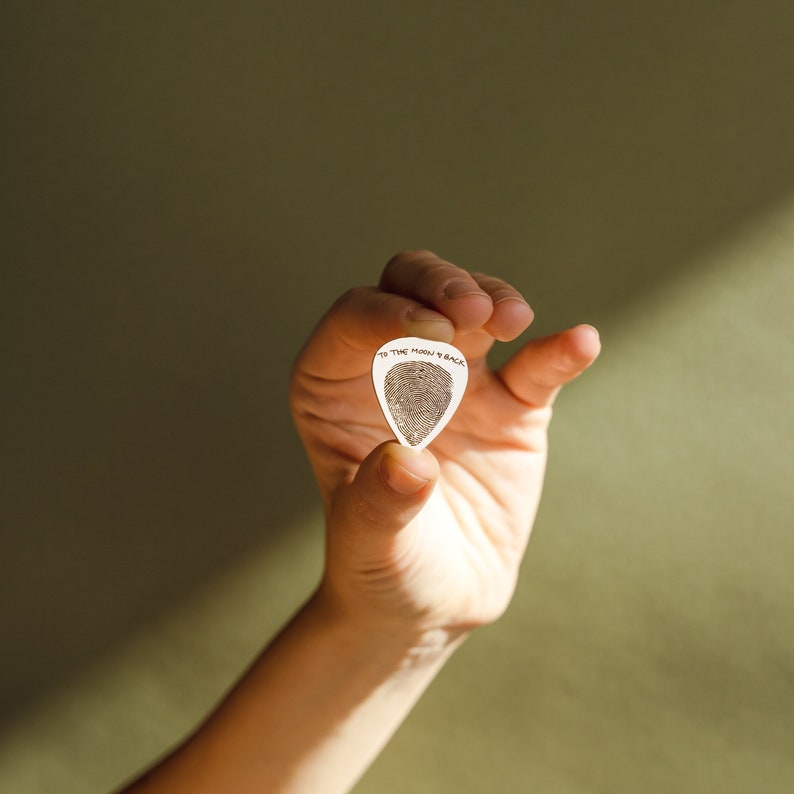 Actual Fingerprint Engraved Guitar Pick Custom Hand Stamped Pick, Baby Fingerprint Jewelry Personalized Gift for Dad, Music Lover CM21 SILVER - ONE SIDED