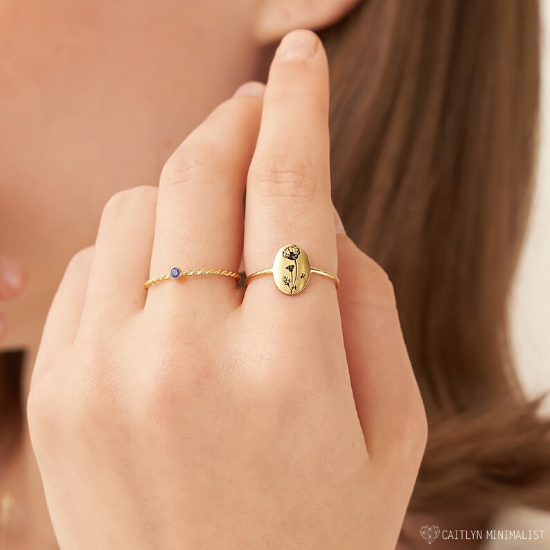 Dainty Flower Ring Custom Signet Ring Birth Flower Ring Flower Jewelry Summer Jewelry Bridesmaid Gifts RM52a image 2