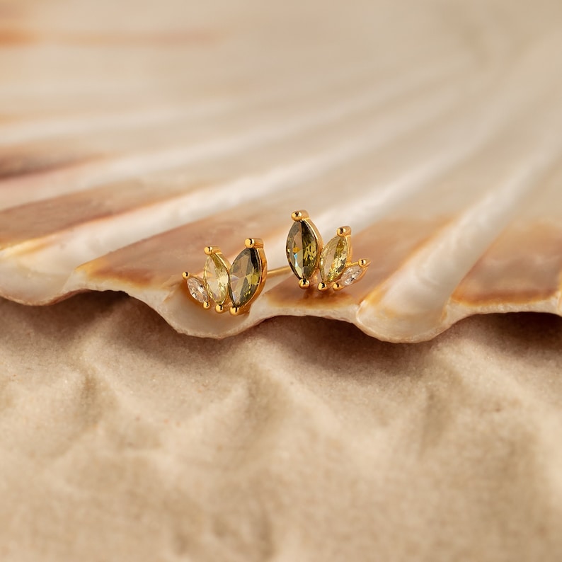 Peridot Leaf Stud Earrings by Caitlyn Minimalist Green Crystal Earrings Marquise Gemstone Jewelry Summer Beach Jewelry for Her ER362 18K GOLD