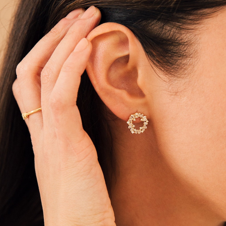 Diamond Baguette Circle Earrings by Caitlyn Minimalist Elegant Diamond Bridal Earrings, Wedding Jewelry Anniversary Gift ER253 image 5