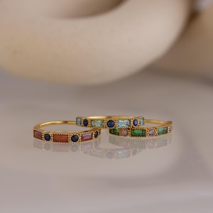 Round Baguette Birthstone Ring by Caitlyn Minimalist • Vintage Gemstone Stacking Ring Band • Art Deco Jewelry • Custom Gift for Mom • RM177