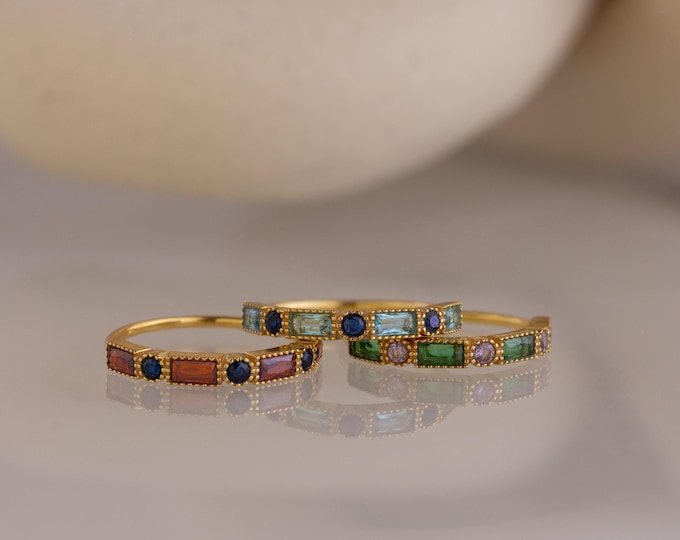 Round Baguette Birthstone Ring by Caitlyn Minimalist • Vintage Gemstone Stacking Ring Band • Art Deco Jewelry • Custom Gift for Mom • RM177