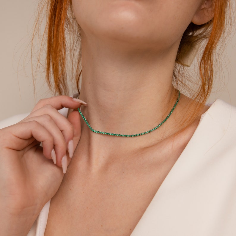 Emerald Tennis Necklace by Caitlyn Minimalist Everyday Birthstone Choker Necklace Minimalist Emerald Jewelry Best Friend Gift NR152 STERLING SILVER
