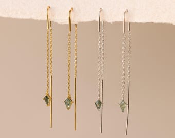 Agate Threader Earrings by Caitlyn Minimalist • Green Gemstone Kite Charm • Dangle Chain Earrings •  Silver Jewelry • Sister Gift • ER671