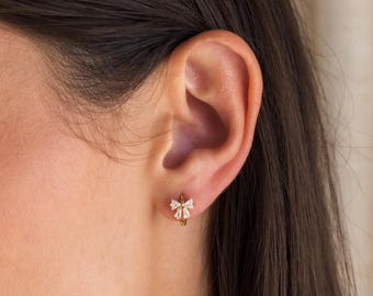 Diamond Ribbon Huggie Earrings by Caitlyn Minimalist • Vintage Butterfly Bow Earrings • Dainty Coquette Jewelry • Gift for Her • ER543