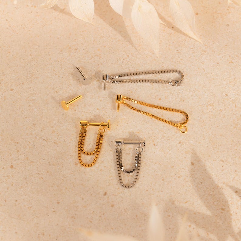 Chain Flat Back Earrings by Caitlyn Minimalist • Dainty Dangling Cartilage Earrings • Statement Jewelry • Birthday Gift • ER460 image 8