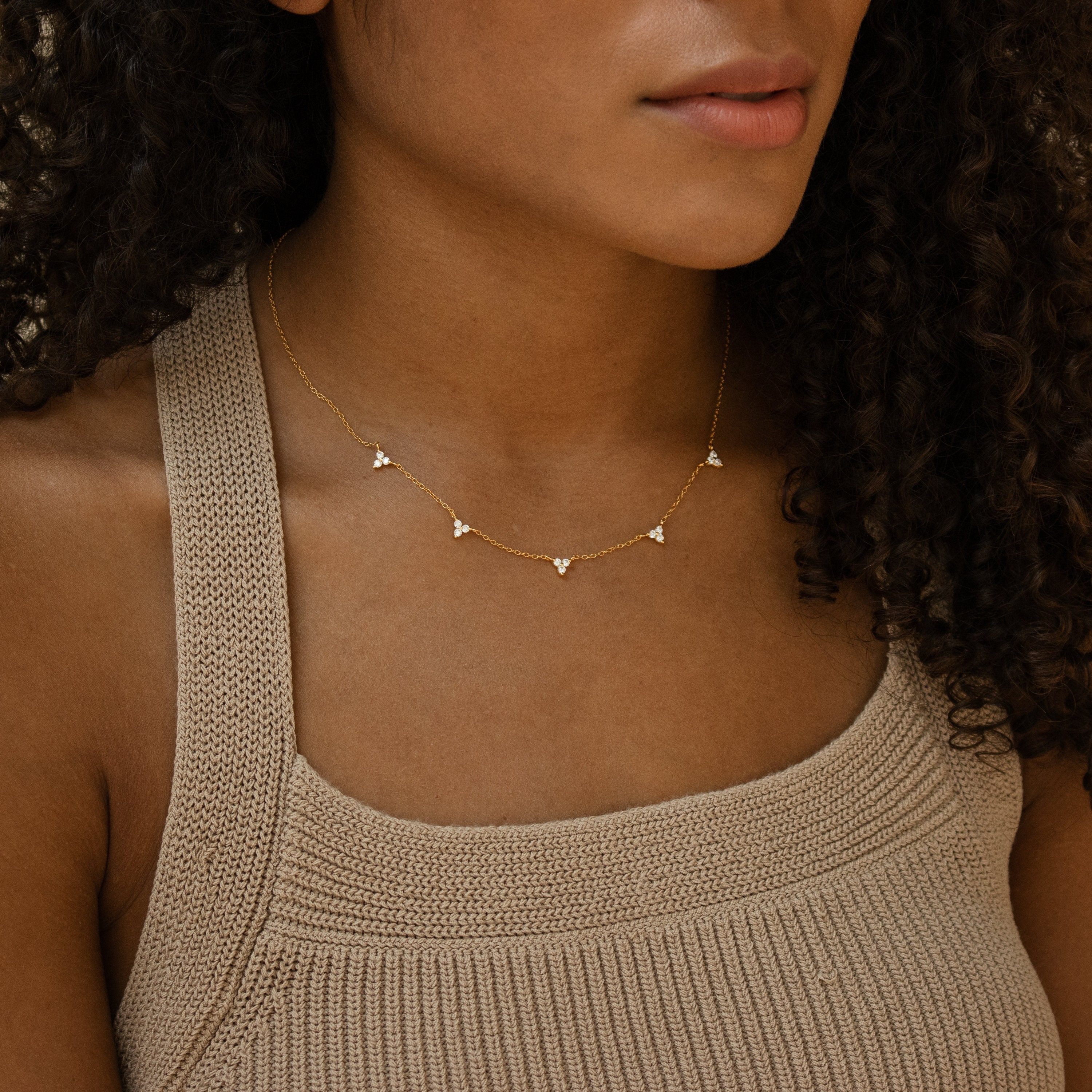 Diamond Lily Station Necklace • Crystal Beaded Necklace • Dainty Layering Necklace • Triangle Charm Necklace • Anniversary Gift • NR063