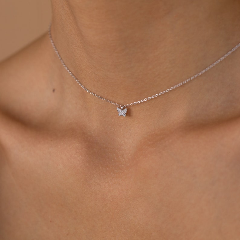 Dainty Crystal Butterfly Necklace by Caitlyn Minimalist Pave Diamond Charm Necklace for Layering in Gold & Silver Birthday Gift NR094 STERLING SILVER