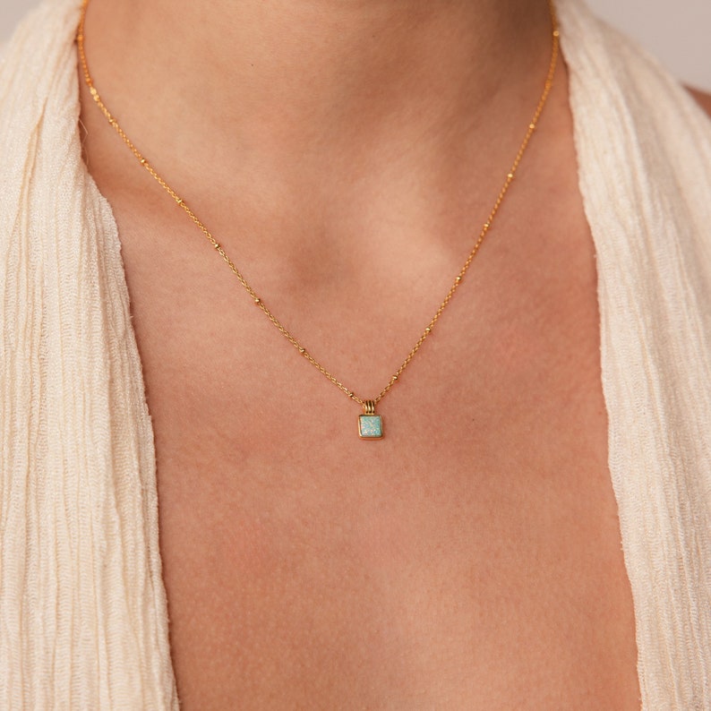 Turquoise Opal Pendant Necklace by Caitlyn Minimalist Dainty Square Charm Necklace on Satellite Chain Opal Jewelry Sister Gift NR161 image 1