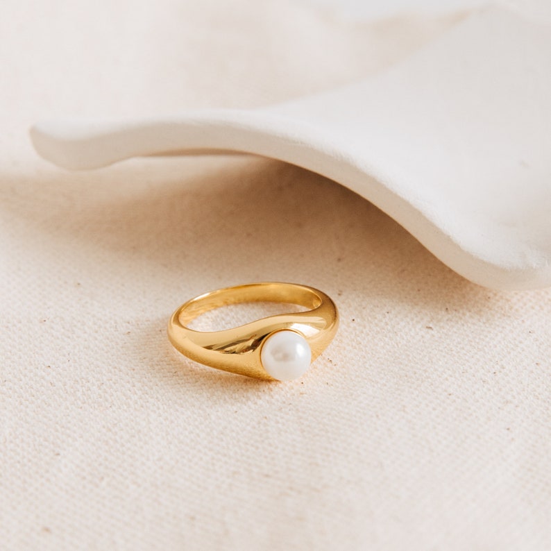 Pearl Signet Ring by Caitlyn Minimalist Vintage Pearl Jewelry Chunky Minimalist Ring Gold Pinky Ring Perfect Gift for Mom RR084 image 1