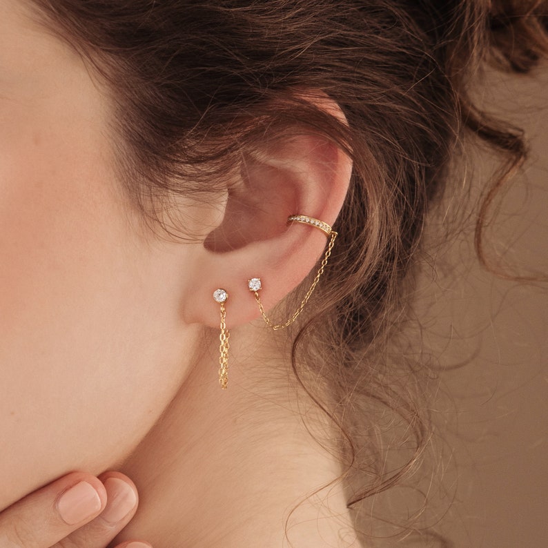 Minimalist Pave Ear Cuff Chain Earrings Diamond Stud Dangle Earrings in Gold and Sterling Silver Trendy Ear Cuff Chain Earrings ER006 image 8