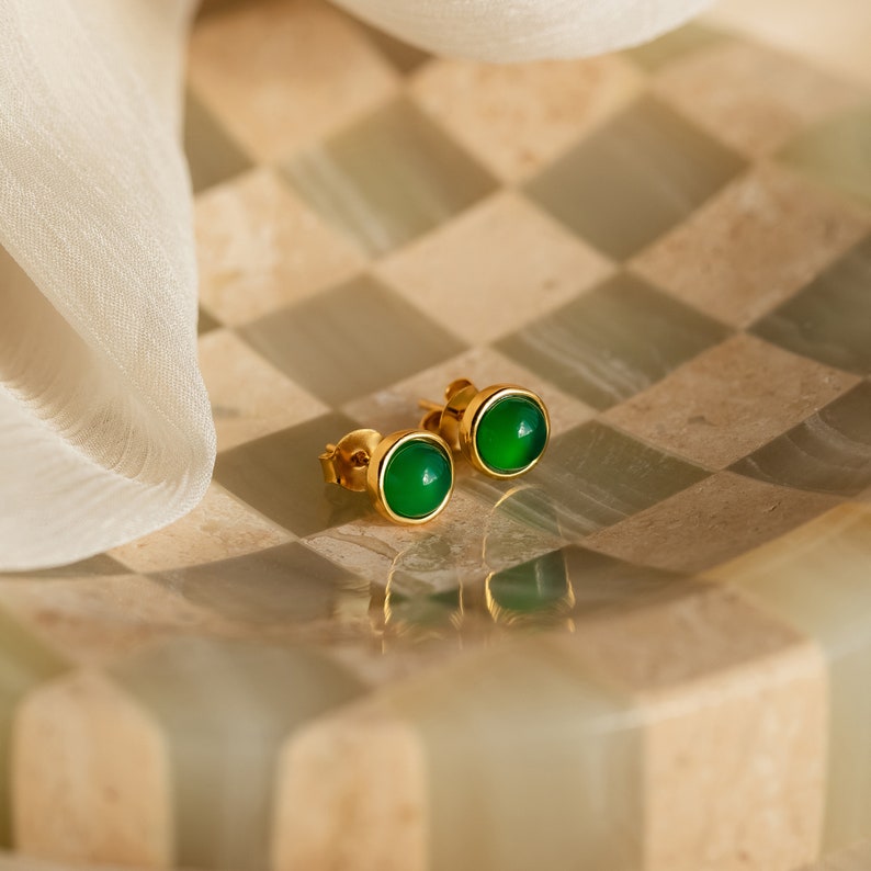 Round Gemstone Studs by Caitlyn Minimalist Vintage Style Stud Earrings in Jade, Opal, Labradorite & Tigers Eye Anniversary Gift ER442 image 7