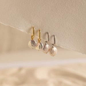 Dangling Pearl Huggie Hoops by Caitlyn Minimalist Dainty Hoop Earrings with Pearl Charm Wedding Jewelry, Bridesmaid Gifts ER348 image 4