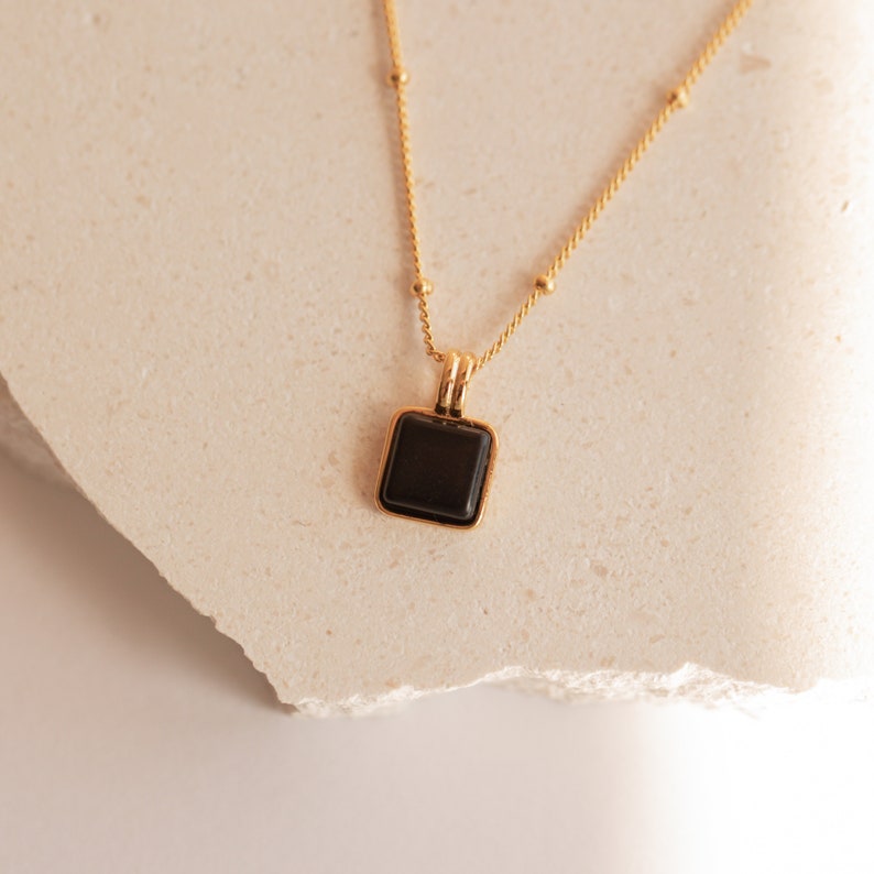 Black Pendant Necklace by Caitlyn Minimalist Statement Black Enamel Square Charm with Satellite Chain Gift for Her NR106 image 2