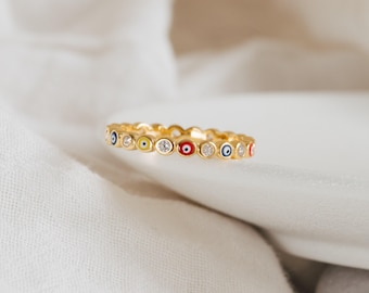 Rainbow Enamel Evil Eye Ring by Caitlyn Minimalist • Boho Stacking Ring with Dainty Diamonds • Best Friend Gift • RR053