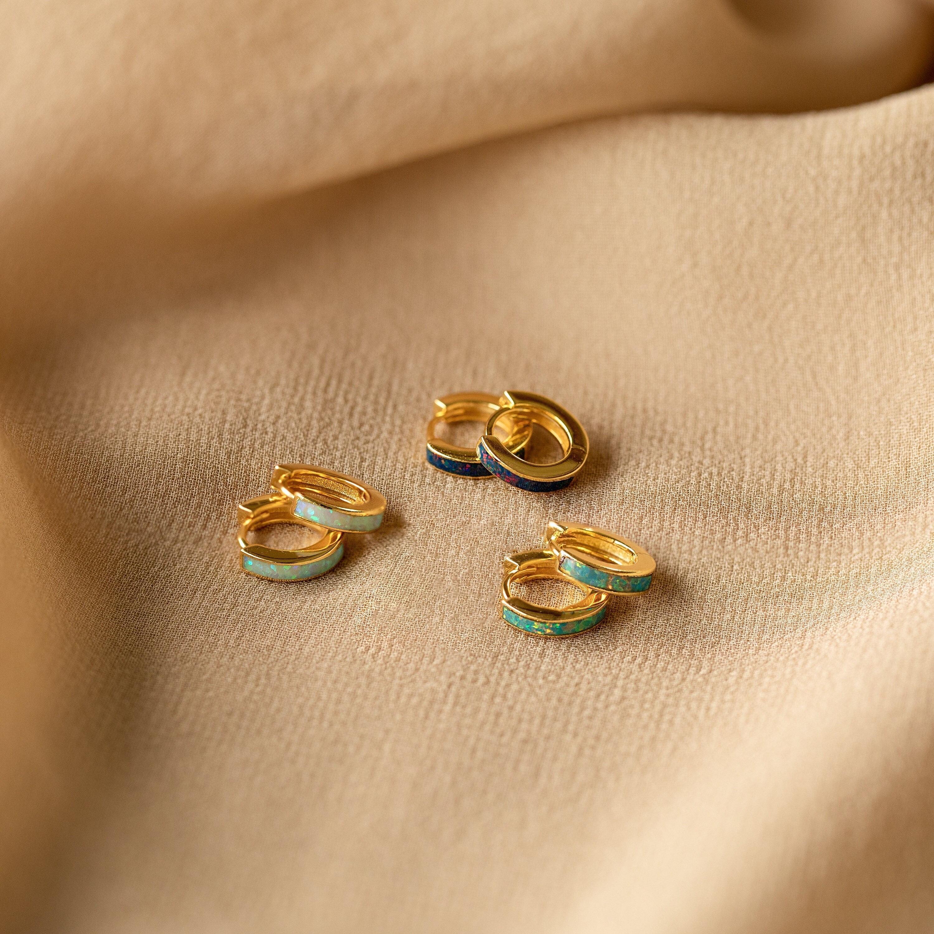 Opal Inlay Huggie Earrings Set by Caitlyn Minimalist • Dainty White Opal Earrings • Blue & Green Gemstone Hoops • Gifts for Wife • ER212