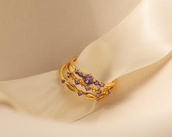 Amethyst Ring Set by Caitlyn Minimalist • Stackable Everyday Gemstone Rings • Amethyst Birthstone Jewelry • Birthday Gift for Wife • RR138