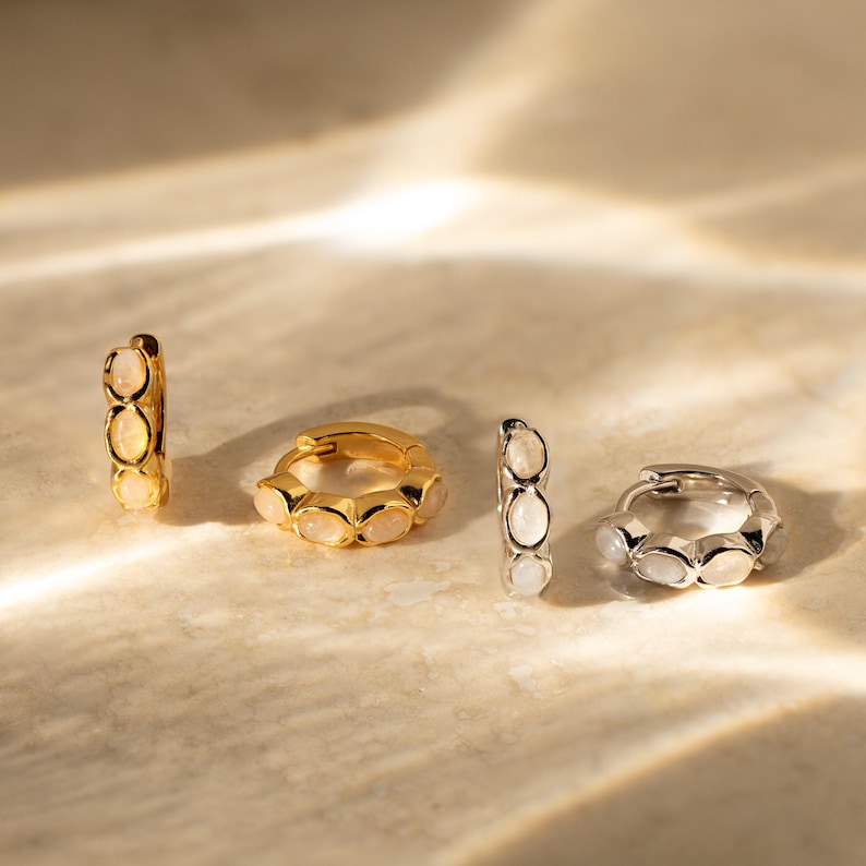 Moonstone Huggie Hoop Earrings by Caitlyn Minimalist • Dainty Gemstone Stacking Earrings • Boho Moonstone Jewelry • Birthday Gift • ER411 image 6