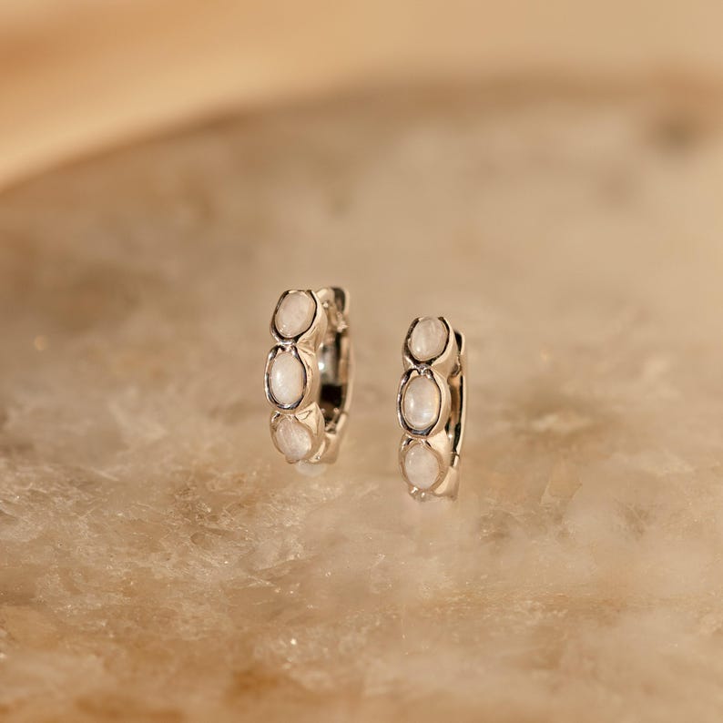 Moonstone Huggie Hoop Earrings by Caitlyn Minimalist • Dainty Gemstone Stacking Earrings • Boho Moonstone Jewelry • Birthday Gift • ER411 SILVER