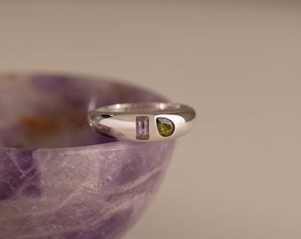 Duo de bagues dôme avec pierres de naissance minimalistes par Caitlyn • Grosses bagues en argent avec pierres précieuses • Bague toi et moi personnalisée • Cadeau personnalisé pour elle • RM211