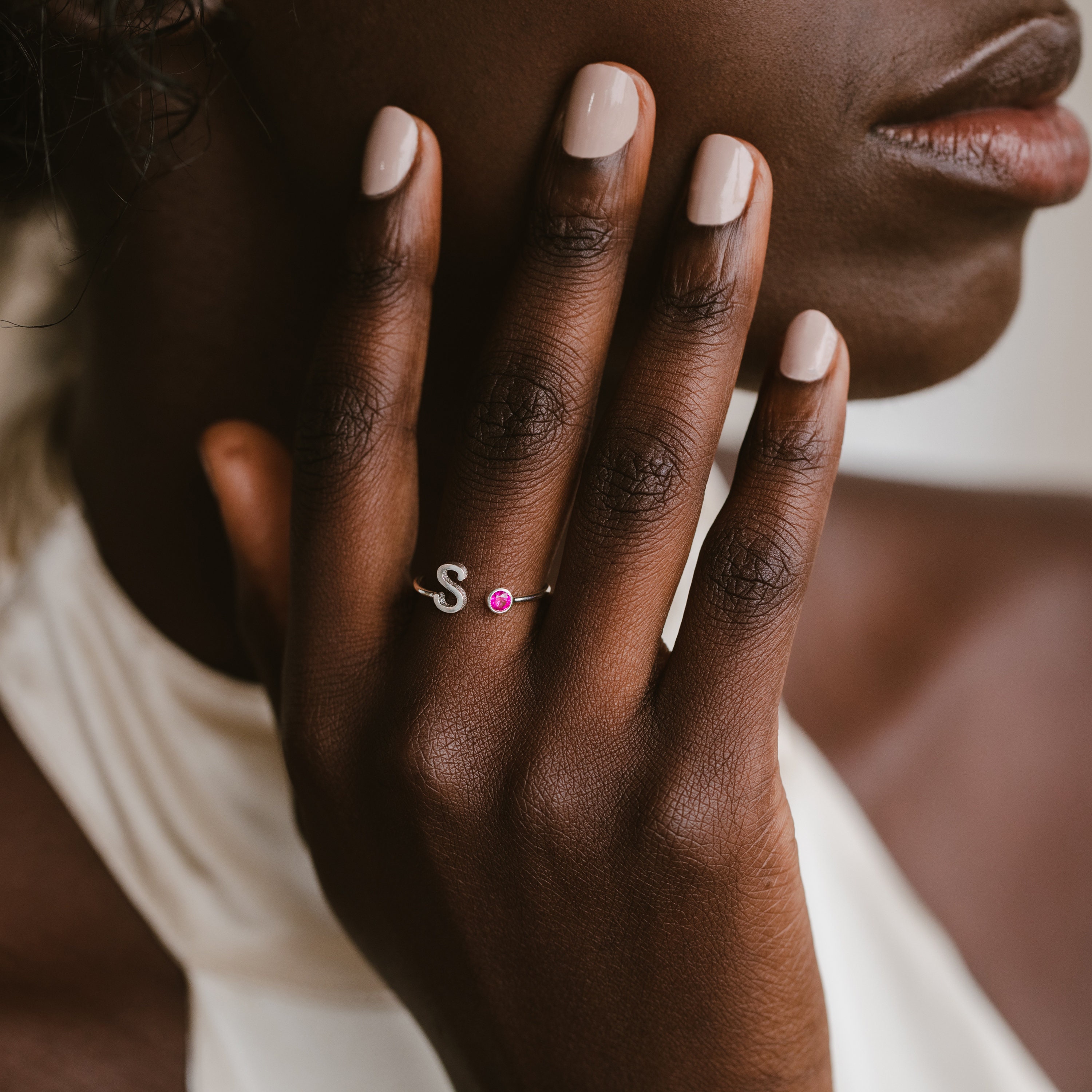 Custom Initial Birthstone Ring • Personalized Sterling Silver Initials Ring • Custom Name Gemstone Mother Ring • Mother Child Ring • RM06F48