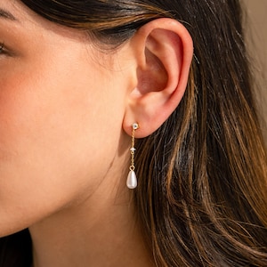Diamond Pearl Chain Earrings by Caitlyn Minimalist • Diamond Stud Earrings with Dangling Pearl Teardrop Charm • Girlfriend Gift • ER473