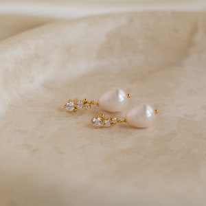 Dangling Pearl Diamond Earrings by Caitlyn Minimalist Dainty Pearl Drop Earrings Vintage Wedding Jewelry Bridesmaid Gift ER344 image 5