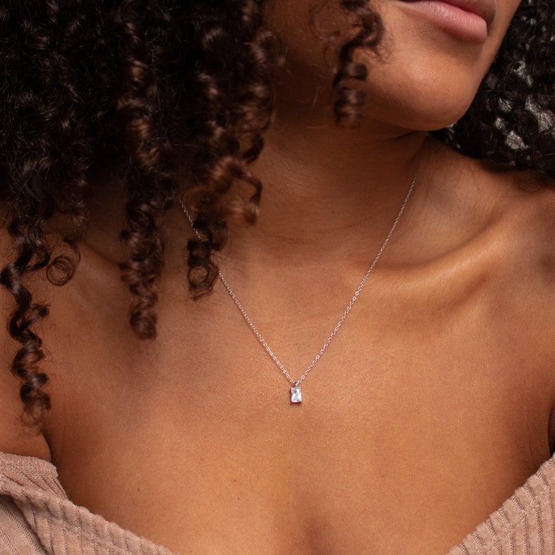 Diamond Necklace by Caitlyn Minimalist Dainty Emerald Cut Pendant Necklace Minimalist Necklace Bridesmaid Wedding Jewelry NR068 STERLING SILVER