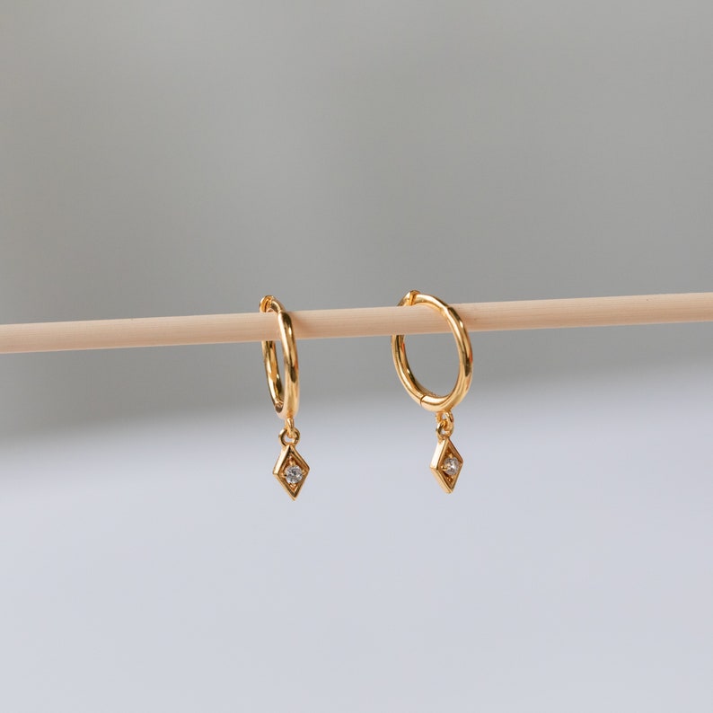 Dangling Hoop Earrings by Caitlyn Minimalist Dainty Diamond Charm Earrings Minimalist Huggie Hoops Gifts for Mom ER313 image 2
