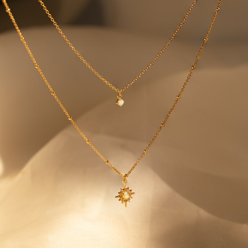 Opal Star Layered Necklace by Caitlyn Minimalist Celestial Opal Necklace Minimalist Layered Necklace Birthday Gift for Her NR155 image 2