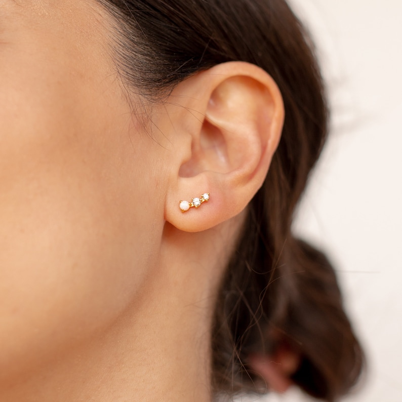 Opal Stud Earrings by Caitlyn Minimalist Diamond Ear Climber Earrings for Second Hole Piercing Best Friend Birthday Gift ER198 画像 8