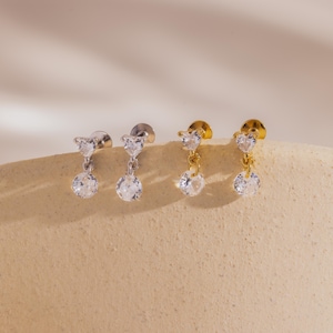 Heart Drop Flat Back Earrings by Caitlyn Minimalist • Round Diamond Drop Earrings • Dangling Stud Earrings • Wedding Jewelry Gift • ER721