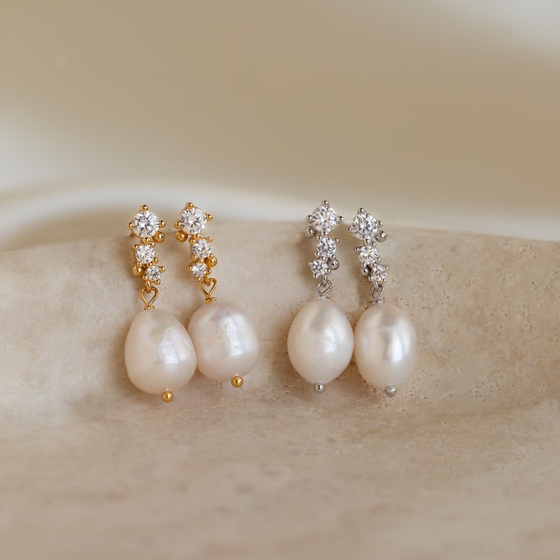 Dangling Pearl Diamond Earrings by Caitlyn Minimalist Dainty Pearl Drop Earrings Vintage Wedding Jewelry Bridesmaid Gift ER344 image 1