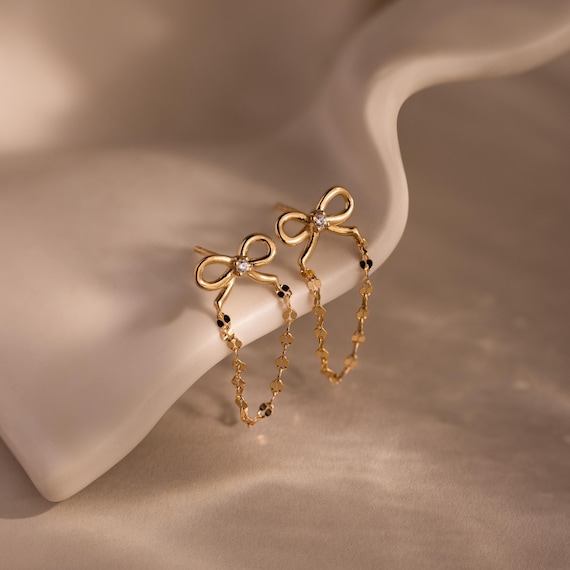 Bow Chain Stud Earrings by Caitlyn Minimalist • Dainty Ribbon Bow Earrings with Dangling Mirror Chain • Unique Jewelry • Friend Gift • ER737
