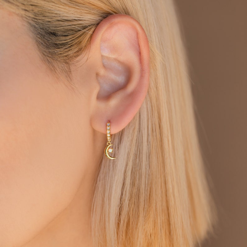 Opal Space Huggie Earrings by Caitlyn Minimalist Moon and Star Dangling Earrings Celestial Jewelry Best Friend Gift ER287 18K GOLD