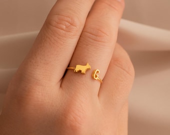 Duo Pet Initial Ring by Caitlyn Minimalist • Personalized Animal Letter Charm Ring • Dainty Adjustable Ring • Custom Dog Mom Gift • RM74F39