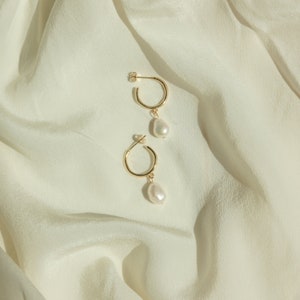 Pearl Drop Hoops by Caitlyn Minimalist Pearl Huggie Hoop Earrings Pearl Jewelry Bridesmaids Jewelry Gift for Mom ER022 image 8