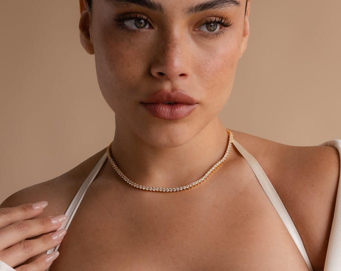 3 Prong Diamond Tennis Necklace by Caitlyn Minimalist • Diamond Crystal Choker Necklace • Wedding Jewelry • Anniversary Gift for Her • NR203